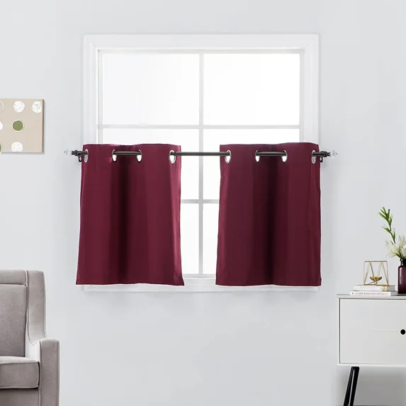2 Piece Grommet Top 100% Blackout Window Treatment Curtain Tiers Set, 27"W x 36"L - Burgundy