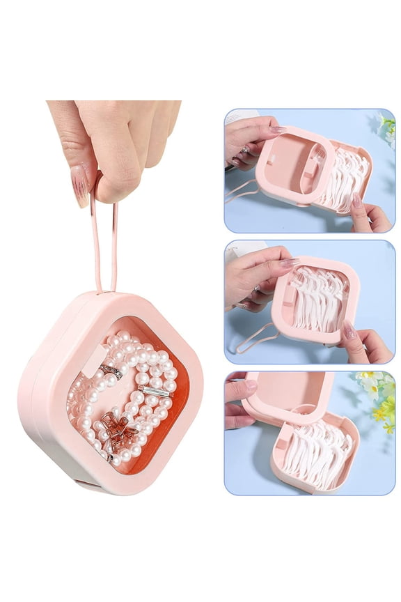 2 Piece Hair Band Rubber Storage Box ABS TPE Transparent Window Hanging Rope Portable Organizer for Small Accessories Bracelets Swabs Pads Travel Home