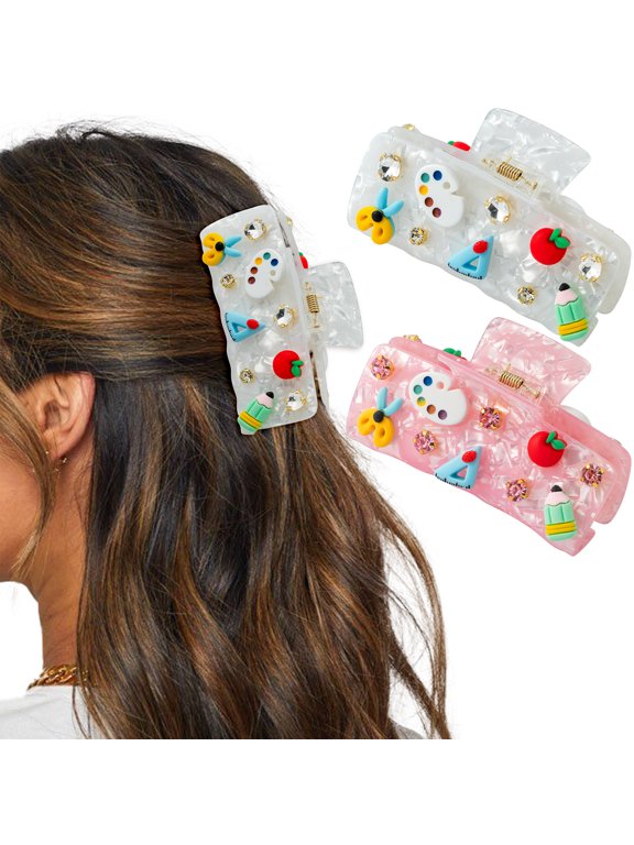 2 Piece Hair Clip for Women and Girls, Back-To-School Season Thank You Teacher Themed Hair Clip for Party Decorations, White and Pink