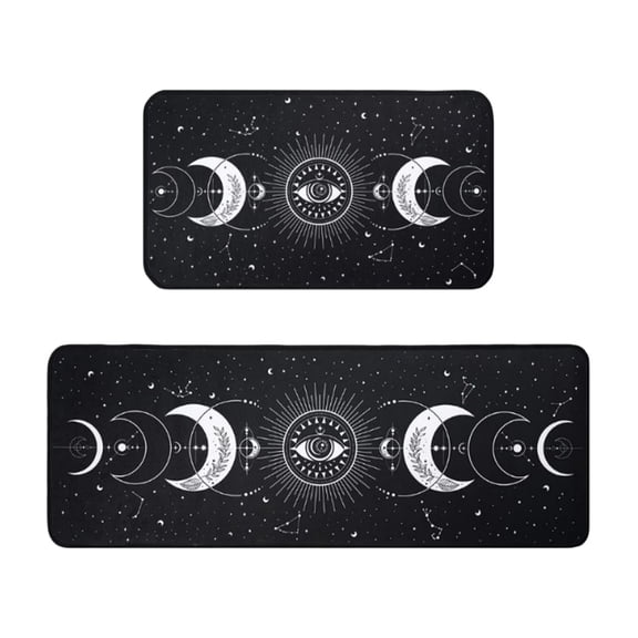 2-Piece Halloween Moon Doormat Set Black White Gothic Rug Spooky Crescent Moon Phase Mat For Front Door Porch