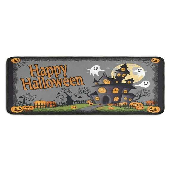 2 Piece Halloween Plaid Kitchen Rug Sets Horror Orange Pumpkin Spooky Kitchen Mats for Floor Anti Fatigue Kitchen Floor Matfor Cook Home Decor (47x17+30x17 Inches)