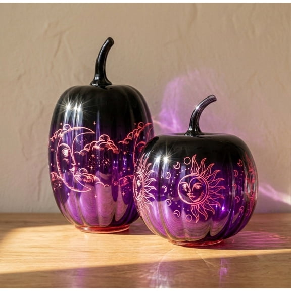 2pcs Fall Halloween Pumpkin-Purple Glass Pumpkin Ornament with Enchanted Moon & Star Pattern and Built - in Fairy Lights for Decor