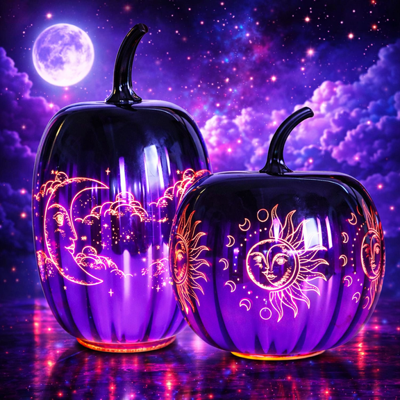 2 PCS Ramadan Purple Glass Pumpkin Ornament Set with Enchanted Moon, Star & Sun - Moon Patterns and Built With Fairy Lights,Luminous patterns