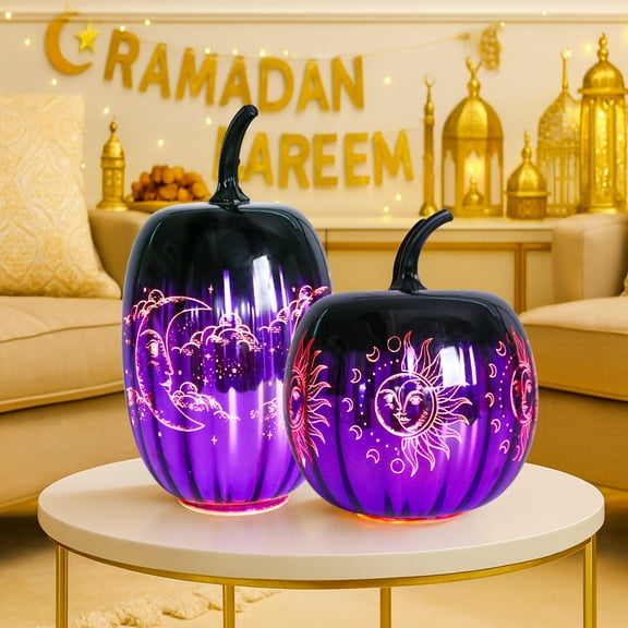 2 PCS Ramadan Purple Glass Pumpkin Ornament Set with Enchanted Moon, Star & Sun - Moon Patterns and Built With Fairy Lights,Luminous patterns