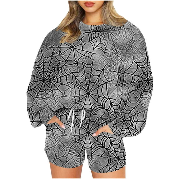 2 Piece Hallowmas Outfits for Women Long Sleeve Crew Neck Sweatshirt Drawstring Shorts Trendy Print Casual Loose Sweatsuits, Gray, L