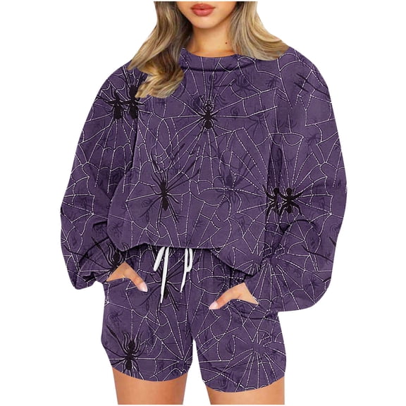 2 Piece Hallowmas Outfits for Women Long Sleeve Crew Neck Sweatshirt Drawstring Shorts Trendy Print Casual Loose Sweatsuits, Purple, M