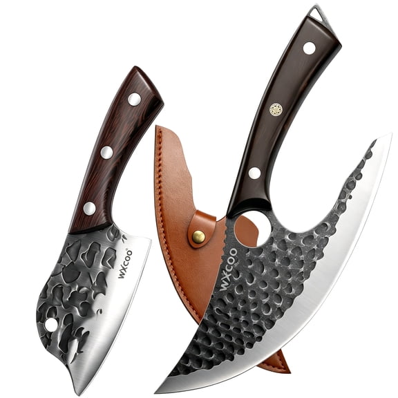 2-Piece Hand Forged Butcher & Cleaver Knife Set with Leather Sheath, High Carbon Steel Knives with Wood Handles, Ultra Sharp Full Tang Meat Chopping Knives for Kitchen & Outdoor Use