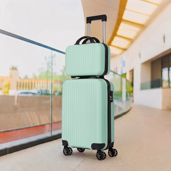 2 Piece Hardside Carry On Luggage Set  Mint Green ABS Hard Shell 20" Spinner Suitcase with 14" Mini Makeup Case for Travel & Business