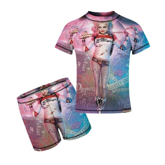 2 Piece Harley Quinn Bathing Suits Rash Guard Swim Shirts with Shorts Set
