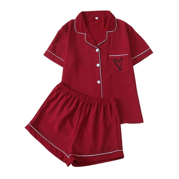 2 Piece Heart Print Loungewear Women Button Down Short Sleeve Shirt with Shorts Summer Solid Color Soft Pajama Sets