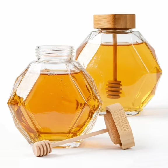 2 Pack Hexagonal Glass Honey Jars with Bamboo Dipper and Lids, Clear Diamond Honey Pot Container, Airtight Honey Dispenser Bottle for Kitchen Storage, Syrup and Jam