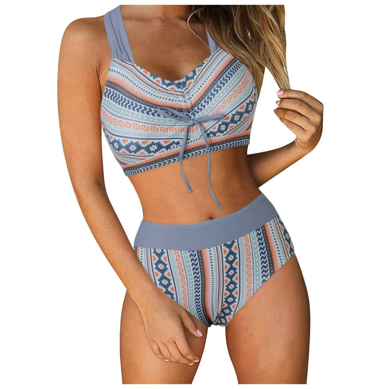 2 Piece High Waisted Bikini Set for Women Cute Color Block Striped Sporty Swimsuit Knit Ribbed Bathing Suit Walmart