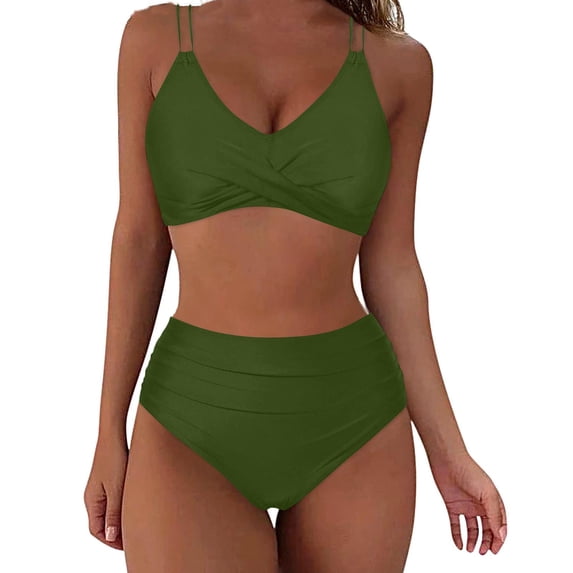 2 Piece High Waisted Bikini Set for Women, High Neck Bathing Suit Tummy Control, Spaghetti Straps Adjustable Modest Swimsuit