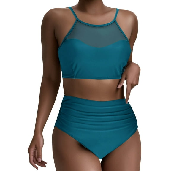 2 Piece High Waisted Bikini Set for Women, High Neck Bathing Suit Tummy Control, Spaghetti Straps Adjustable Modest Swimsuit