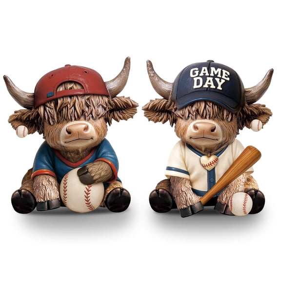 2 Piece Highland Cow Baseball Figurines Game Day Tabletop Decor Farmhouse Sports Theme Resin Desktop Ornaments Set