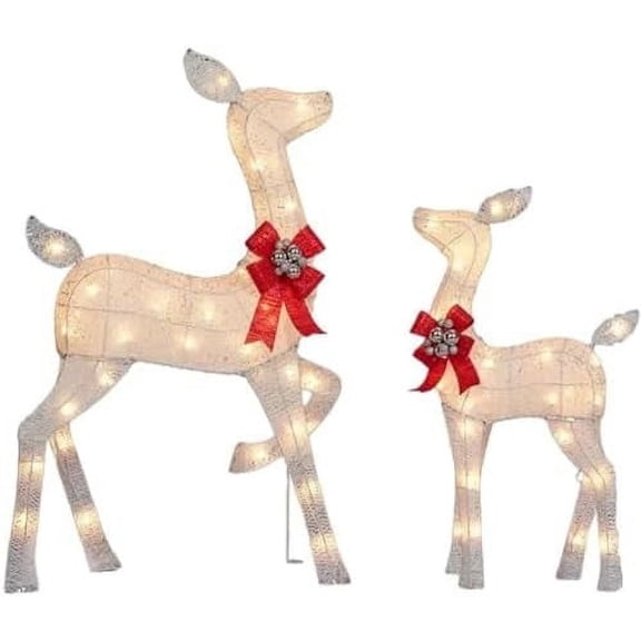 2 Piece Holiday Light Up Glittering Deer Set - Christmas Light Up Reindeer Outdoor Decor for Lawn or Yard - Comes with Doe and FawnWhite with Deer Christmas Ornament$$Garden &