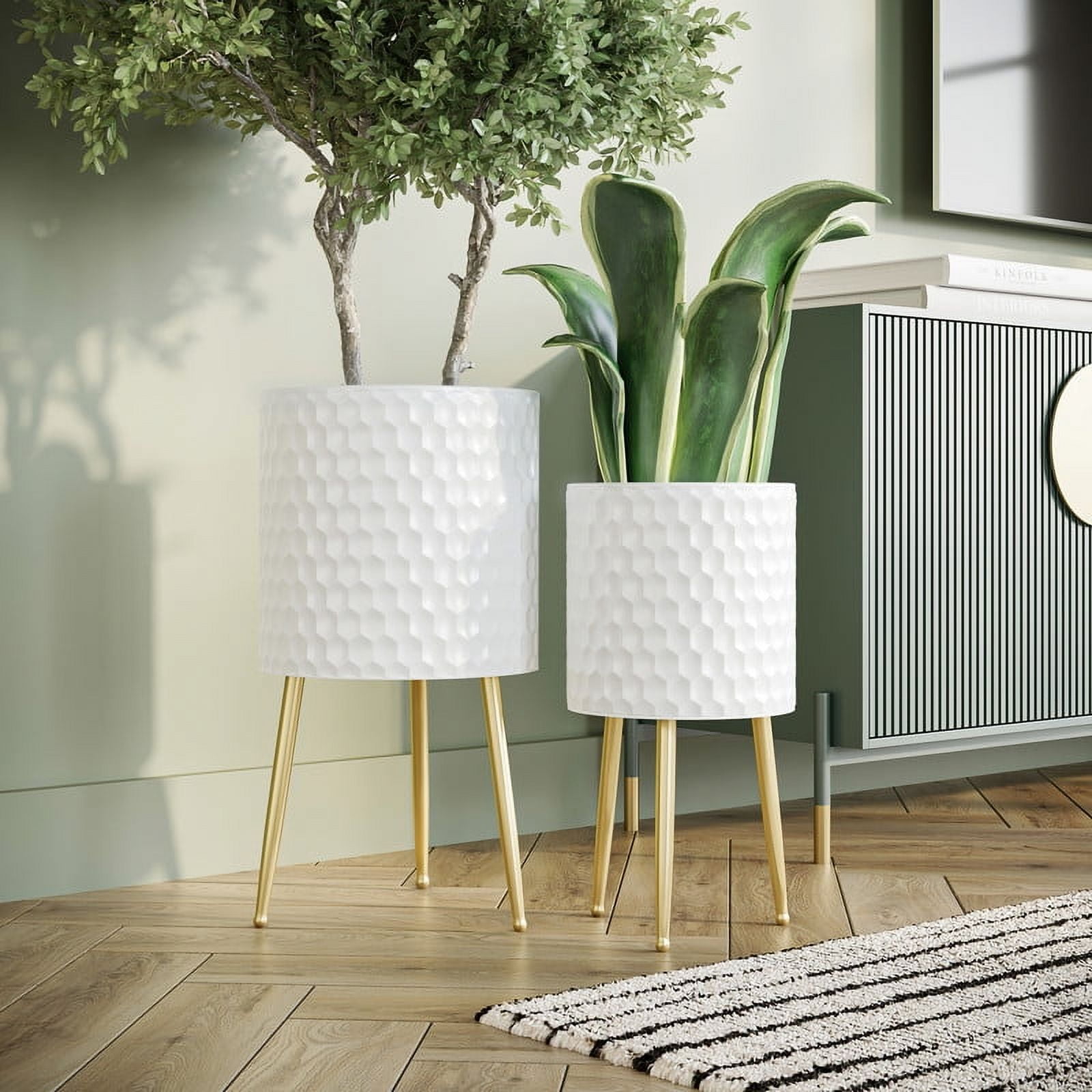 2-Piece Honeycomb Metal Planter Pot With 3-Leg Gold Metal Base - White - 20"H x 10.5"W / 15.75"H x 8.5"W
