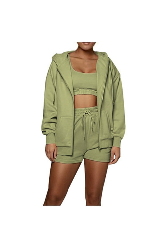 2 Piece Hoodie and Pants Set for Women Long Sleeve Full Zip Jacket and Shorts Suits Casual Jogger Lounge Outfits (Large, Green)