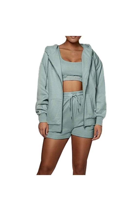 2 Piece Hoodie and Pants Set for Women Long Sleeve Full Zip Jacket and Shorts Suits Casual Jogger Lounge Outfits (Medium, Blue)