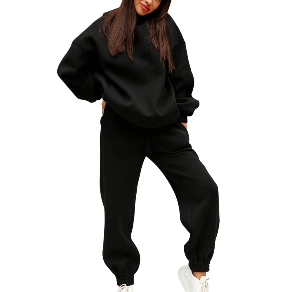 2-Piece Hoodies Set Solid Color Pullover Sweatshirt & Sweatpants Thick  Tracksuit for Casual Sports Loose Fit Long Sleeves Baggy Pants Women's  Clothing M Black 