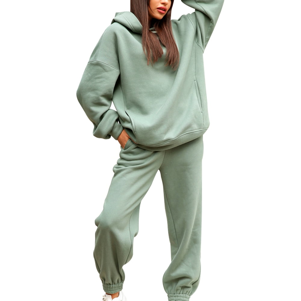 2-Piece Hoodies Set Solid Color Pullover Sweatshirt & Sweatpants Thick  Tracksuit for Casual Sports Loose Fit Long Sleeves Baggy Pants Women's  Clothing M Green 