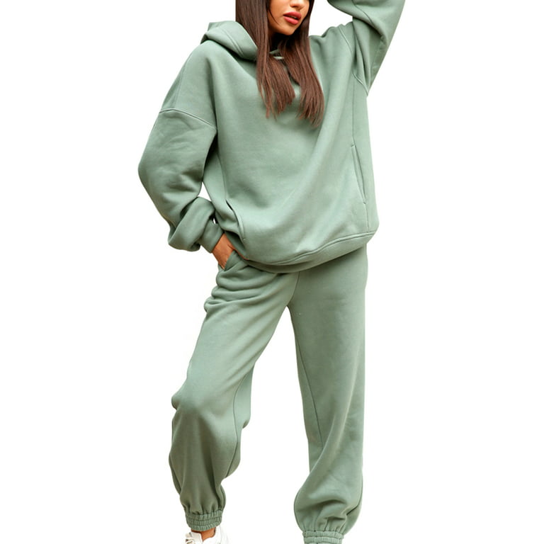 2-Piece Hoodies Set Solid Color Pullover Sweatshirt & Sweatpants Thick  Tracksuit for Casual Sports Loose Fit Long Sleeves Baggy Pants Women\'s  Clothing M Green