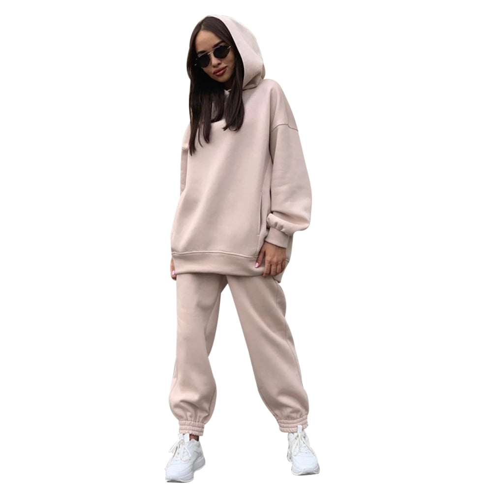 2 Piece Hoodies Set Solid Color Pullover Sweatshirt Sweatpants Thick Tracksuit for Casual Sports Loose Fit Long Sleeves Baggy Pants Women s Clothing