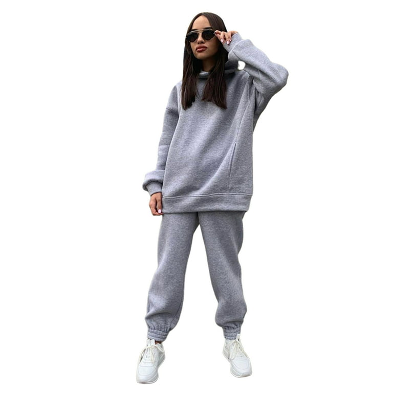 2-Piece Hoodies Set Solid Color Pullover Sweatshirt & Sweatpants Thick  Tracksuit Long Sleeves Baggy Pants Loose Fit Women's Clothing for Casual  Sports XL Light Gray 