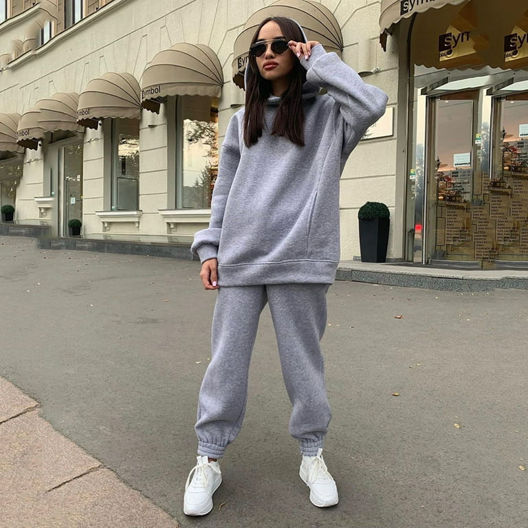 2-Piece Hoodies Set Solid Color Pullover Sweatshirt & Sweatpants Thick  Tracksuit Long Sleeves Loose Fit Baggy Pants for Casual Sports Women's  Clothing M Light Gray 