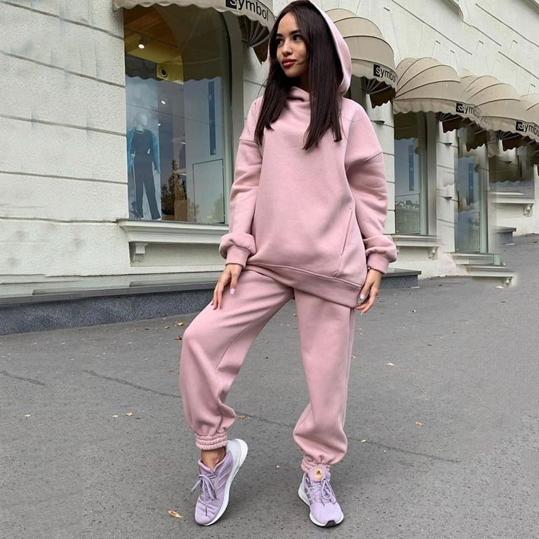 2-Piece Hoodies Set Solid Color Pullover Sweatshirt & Sweatpants Thick  Tracksuit Women\'s Clothing for Casual Sports Loose Fit Baggy Pants Long  Sleeves XL Pink