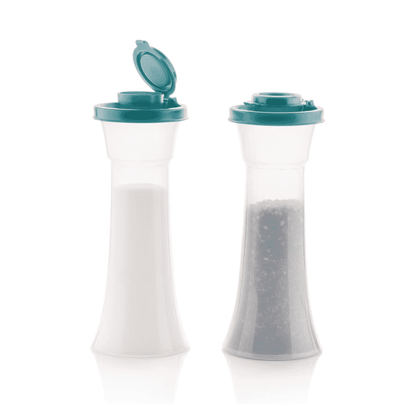 2-Piece Hourglass Salt and Pepper Shaker Set – Clear Plastic with Blue Airtight Lids, 0.35L Total Capacity – For Kitchen, Camping, Picnic, RV & Table Use