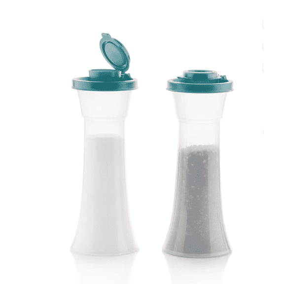 2-Piece Hourglass Salt and Pepper Shaker Set – Clear Plastic with Blue Airtight Lids, 0.35L Total Capacity – Leak-Resistant, Easy Grip for Kitchen, Picnic, Camping & RV