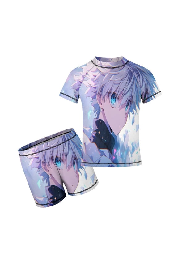 2 Piece Hunter X Hunte Killua Lightning Bathing Suits Rash Guard Swim Shirts with Shorts Set