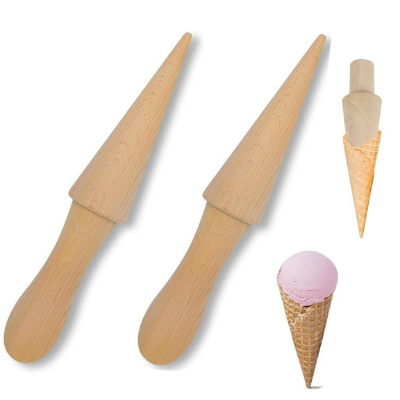 2 Piece Ice Cream Cone Mold Set,Tutuviw Natural Wooden Waffle Cone Roller,Multi-Function Wooden Iron and Cone Roller for Baking Delicious Ice Cream Cones and Pizzelles