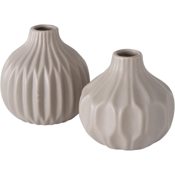 2 Piece Iconic Scandi Vase Set, Beige, Geometric, Stoneware, 4.25 Inches, Gourd Shape, Single Stem Vessel
