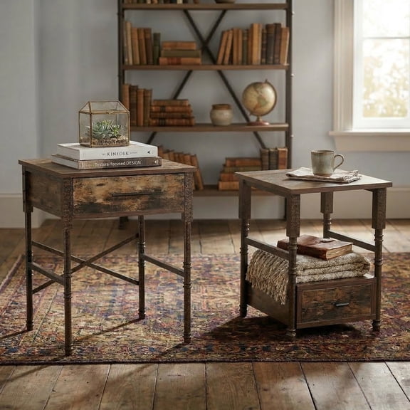 2-Piece Industrial Nesting End Table Set with Drawers, Rustic Brown Nightstand Set with Metal Pipe Frame, Space-Saving Side Tables for Living Room and Bedroom, Wood and Metal