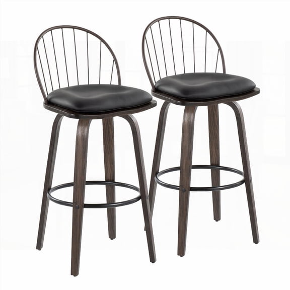 2-Piece Industrial Walnut Glazed Barstools with Swivel & Removable Cushion
