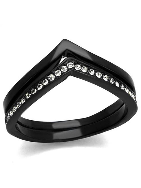 2 Piece Interchangeable Black Stainless Steel Crystal Fashion Ring Women's Size 7