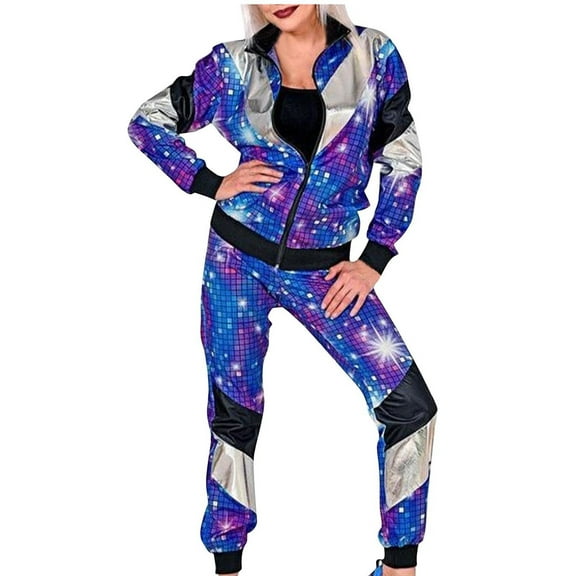 2 Piece Jacket Set for Women Zip up Tracksuit Color Block Retro Carnival Matching Pants Sets Party Outfits (XL, Blue)