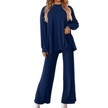 2 Piece Jogger Outfit Set Women's Fashion Casual Long Sleeve Round Neck Tops Plus Pants Sweater Set Running Outfits Set S-136 Blue XXL