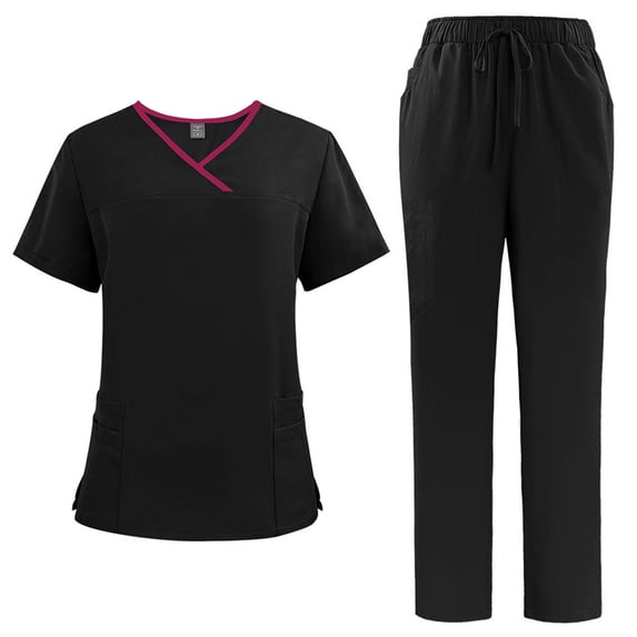 2 Piece Jogger Scrub Set for Women Classic Fashion Nursing Uniforms Short Sleeve Cross Neck Tops and Pants Medical Uniform, Black, M