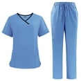 thumbnail image 1 of 2 Piece Jogger Scrub Set for Women Classic Fashion Nursing Uniforms Short Sleeve Cross Neck Tops and Pants Medical Uniform, Sky Blue, L, 1 of 3