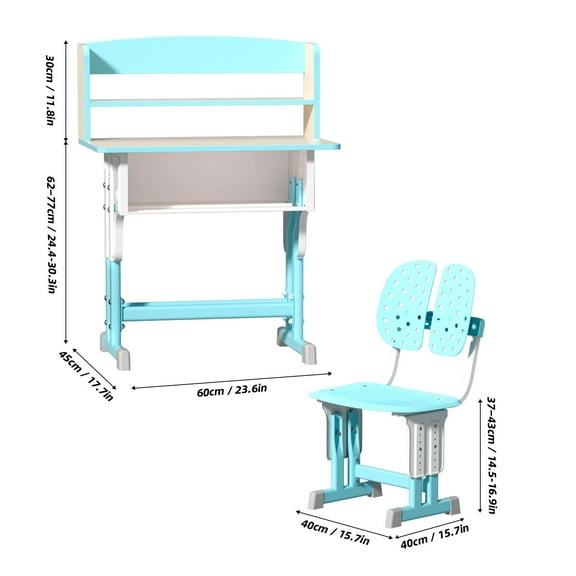 2-Piece Kids Desk and Chair Set, Height Adjustable Study Table with Storage Drawer, Book Stand, Backpack Hook, and Cup Holder, Ergonomic School Desk for Children Ages 7–12, Wood & Steel Frame
