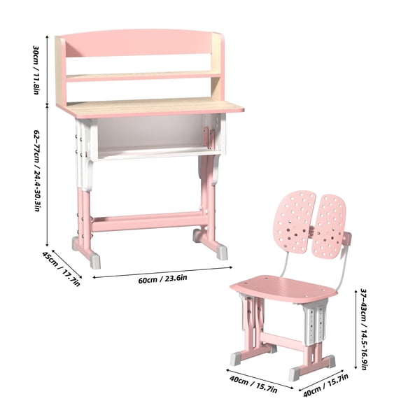 2-Piece Kids Desk and Chair Set, Height Adjustable Study Table with Storage Drawer, Book Stand, Backpack Hook, and Cup Holder, Ergonomic School Desk for Children Ages 7–12, Wood & Steel Frame