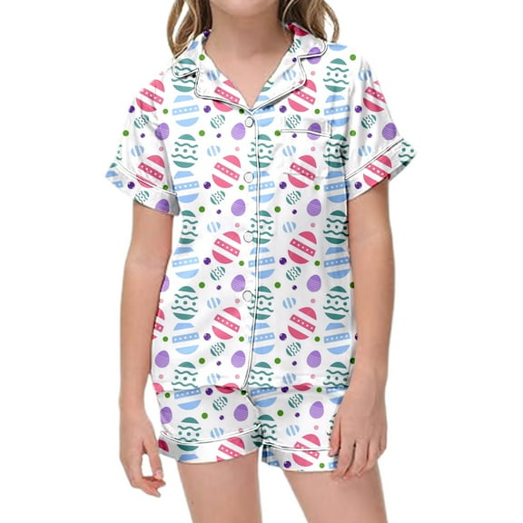 2 Piece Kids Pajamas Girls 10-12 Wearing Easter Bunny and Egg Bilby Printed Printed Pj Set Top and Bottom Cartoon Printed Short Sleeve #White 8-9 Years