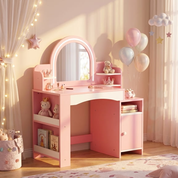 Kids Vanity with Lights, Princess Makeup Vanity Desk with Open Bookshelf, Storage Cabinet