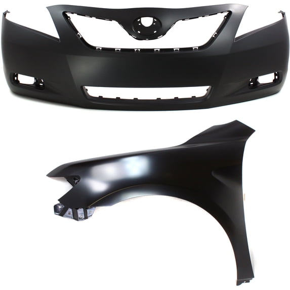 2-Piece Kit Front Primed Bumper Cover w/Fender For BASE/CE/LE/XLE/Hybrids Replacement for 2007-2008 Toyota Camry CE 4 Cyl 2.4L