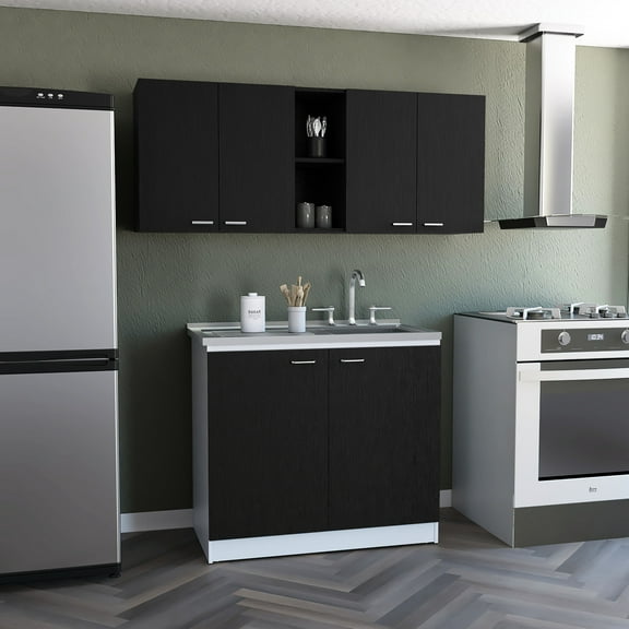 2 Piece Kitchen - 150 Wall Cabinet + Sink Cabinet. Black/white. Ready-assemble. Interlocking Design, Pre-drilled For Easy Assembly. Clear Instructions. Quality Particle Board. 12.28 In. Depth, 58.25