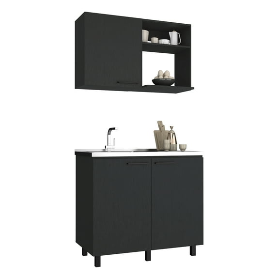 2 Piece Kitchen In Black Tone. Wall Cabinet + Utility Sink. Effortless Installation Process. Look. Single Door With Handy Handle. Open Two Shelves For Extra Storage. Sleek Stainless Steel Countertop
