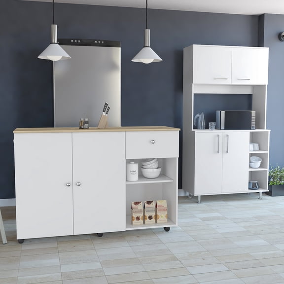 2 Piece Kitchen Collection - Island & Items. White/ Oak. Convenient Interlocking Function. Pre-drilled For Easy Setup. Clear Assembly Directions. Particle Board. 17.82 In. Deep, 53.84 Wide, 35.45